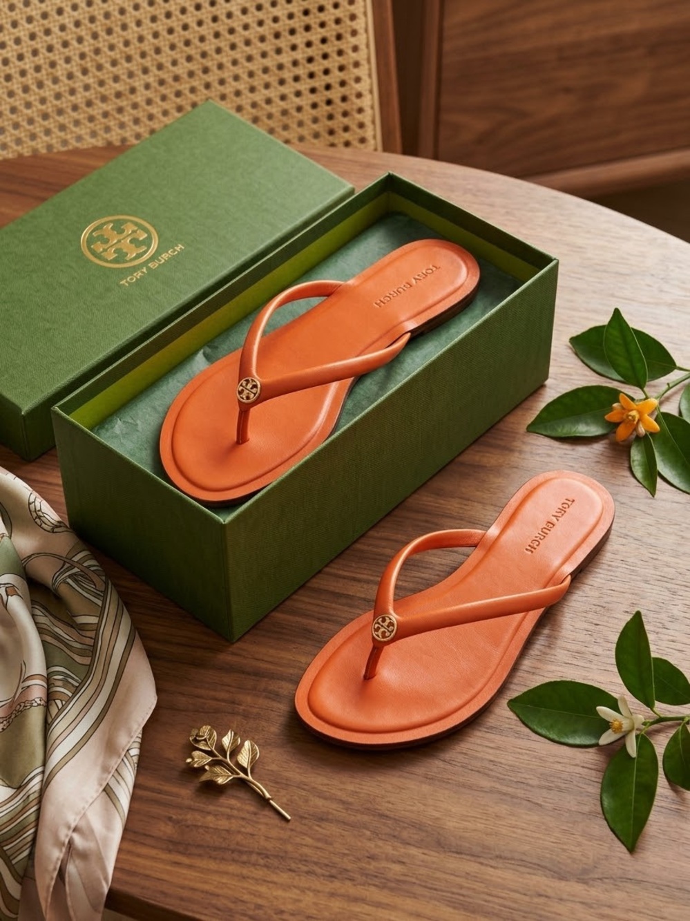 Tory Burch Orange Leather Logo Thong Sandals